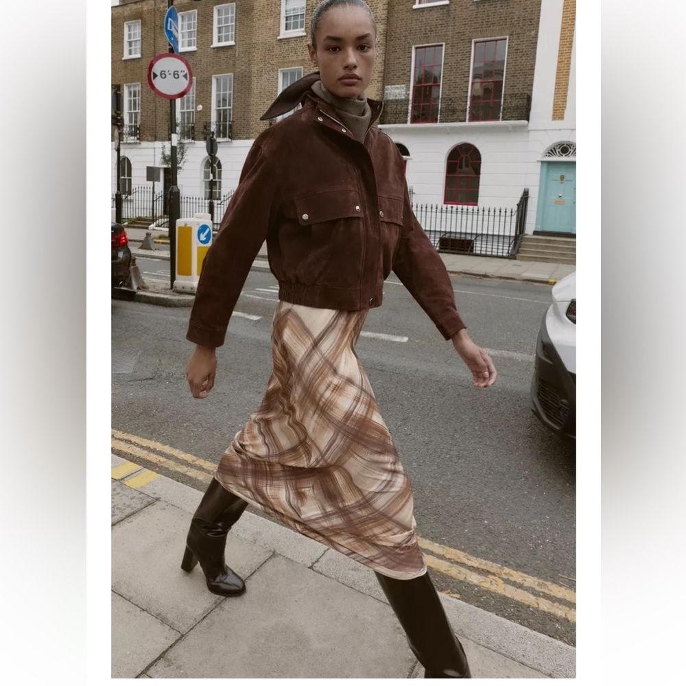 Zara SATIN MIDI SKIRT beige brown Sz XL